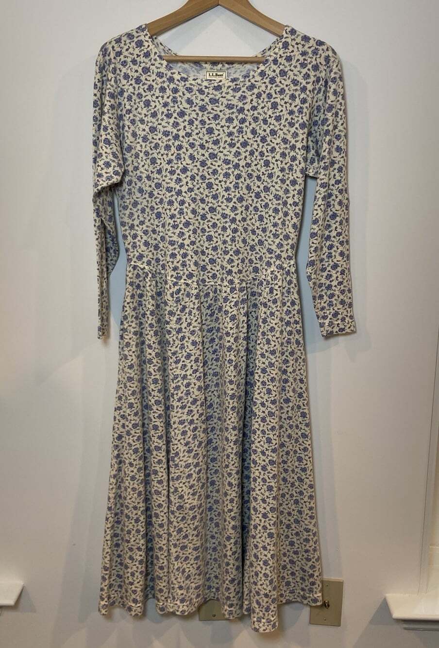 Vintage L.L.Bean Dress Knit Cottagecore Cream Blue Purple Floral M